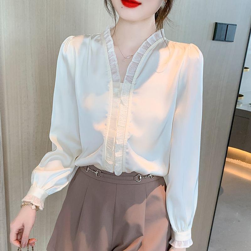 V-Neck Plain Ruffle Trim Blouse Product Image