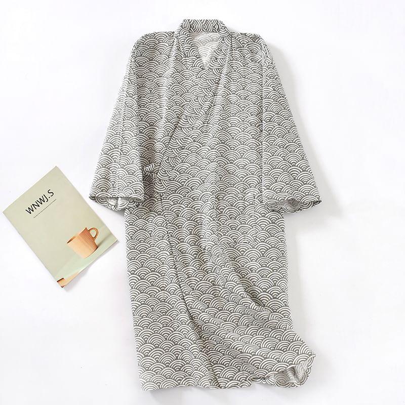 Patterned Tie Waist Kimono Pajama Robe Product Image