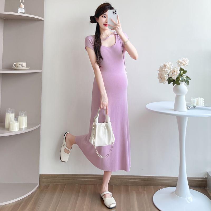 Maternity Short-Sleeve Scoop Neck Plain Midi A-Line Dress Product Image
