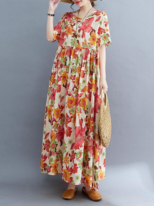 Loose Short Sleeves Pleated Printed Split-Joint Round-Neck Midi Dresses Product Image