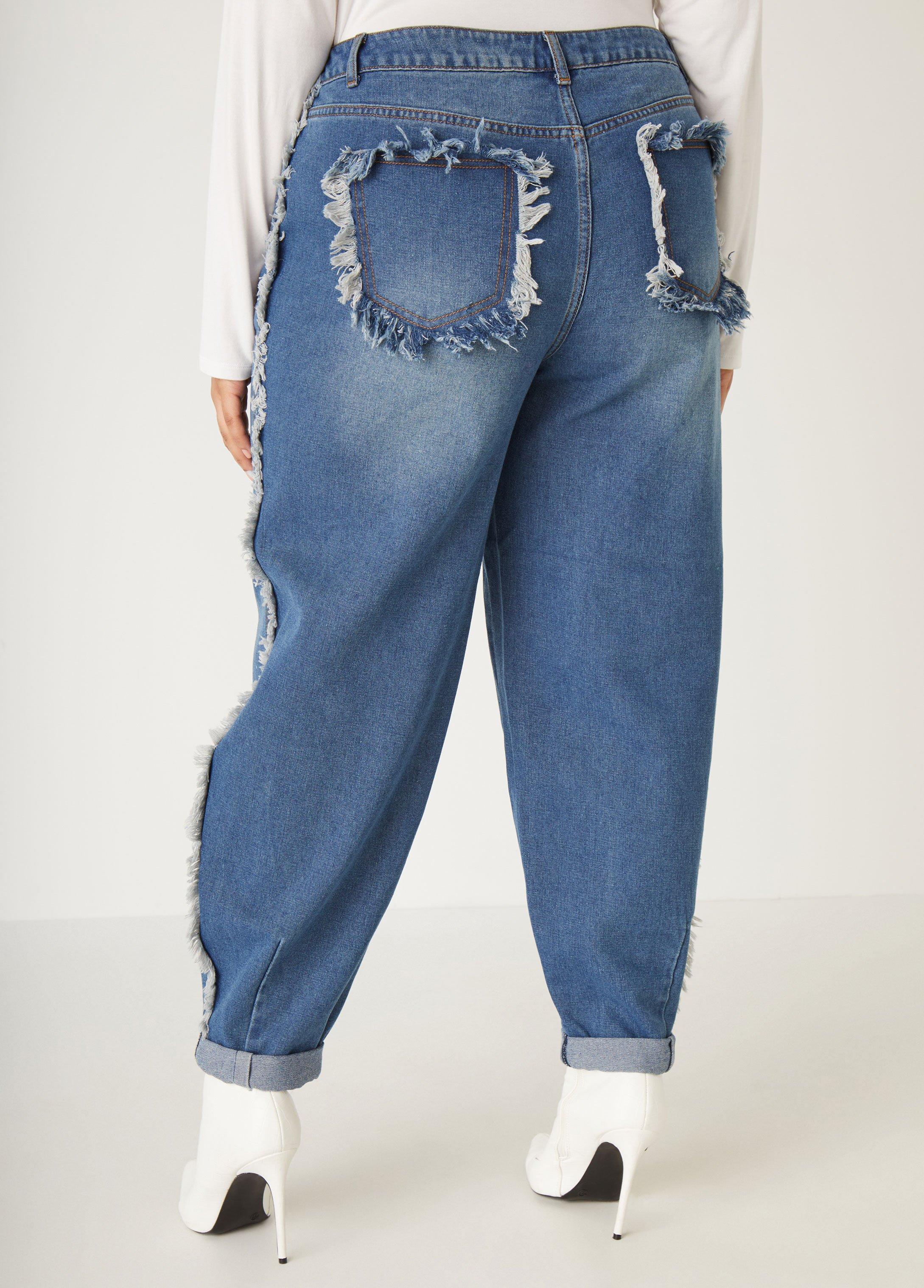 Plus Size Mid Rise Frayed Barrel Jeans Ashley Stewart Product Image