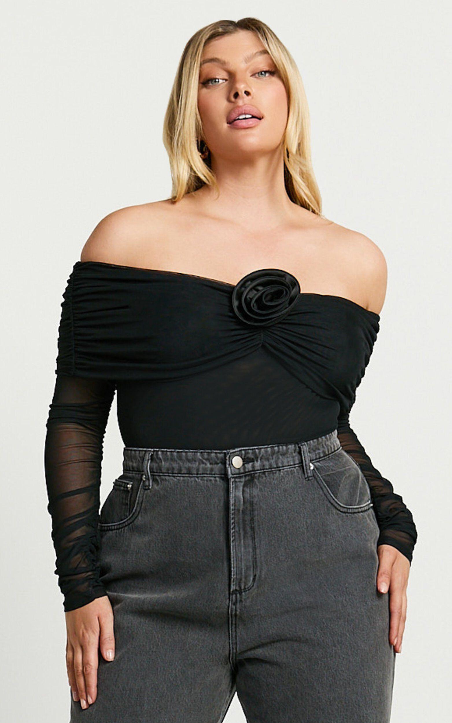 Seraphina Bodysuit - Off Shoulder Long Sleeve Detachable Rosette Mesh Bodysuit in Black Product Image