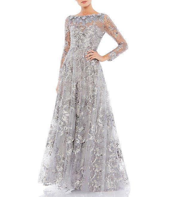 Mac Duggal Floral Embroidered Sequin Illusion Boat Neck Long Sleeve Gown Product Image