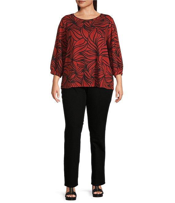 Ali Miles Plus Size Brushed Knit Stripe Round Neck 3/4 Cuff Sleeve Tunic Product Image