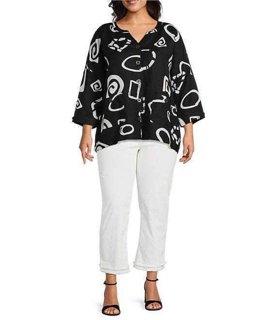 Ali Miles Plus Size Woven Abstract Print Stand Collar 3/4 Sleeve Button Front Tunic Product Image