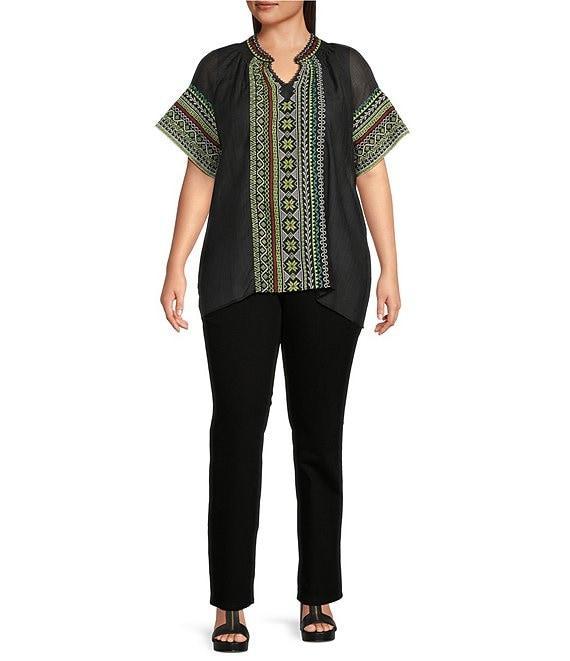 Calessa Plus Size Embroidered Split V-Neck Short Sleeve Tunic Product Image