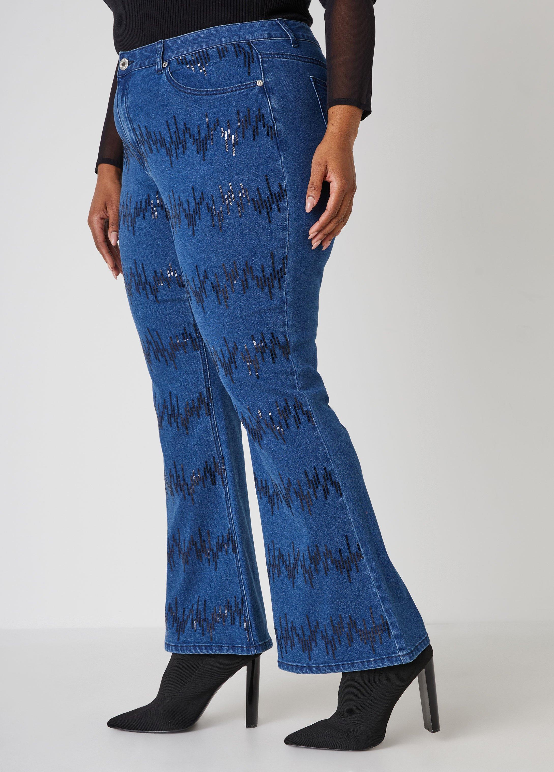 Plus Size Sequined Flared Jeans Ashley Stewart Product Image