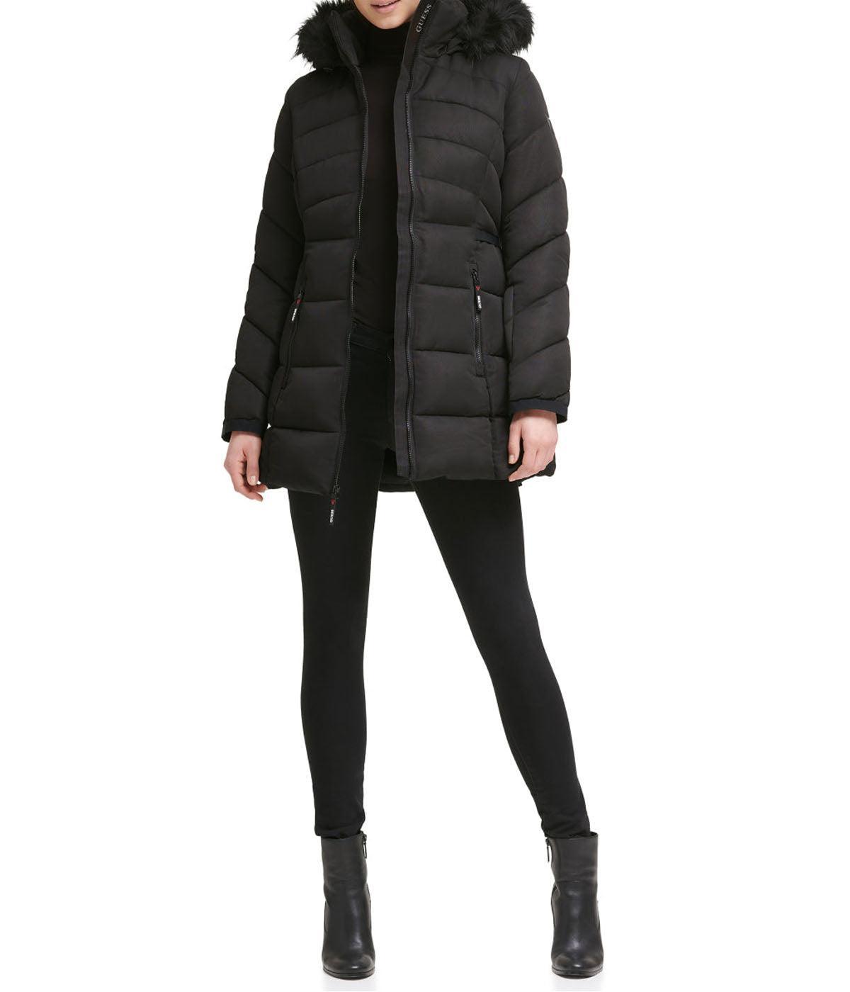 Faux Fur Trim Puffer Jacket 1 Black Product Image