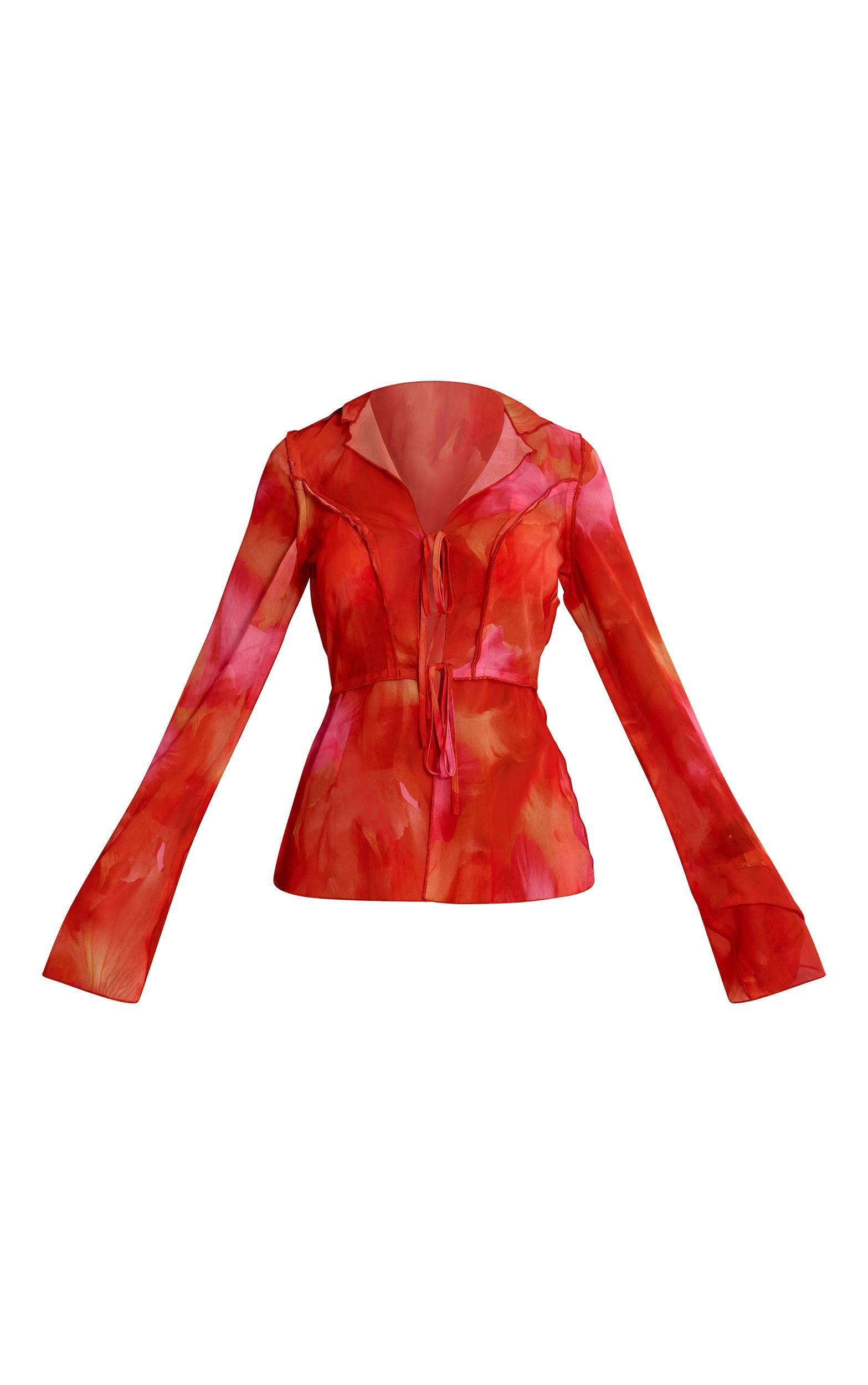 Orange Ombre Print Long Sleeve Tie Front Beach Shirt Product Image