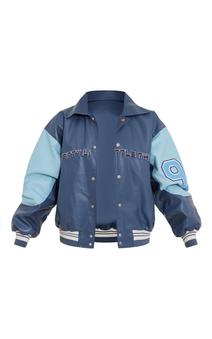 PRETTYLITTLETHING Blue Worldwide Graphic Faux Leather Bomber Jacket Product Image