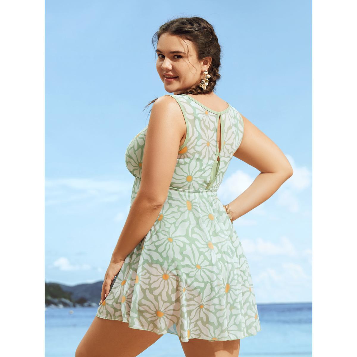 Plus Size Sun Print U Neck See Through Gathered Swim Dress Women's Swimwear Palemauve Beach Bodycon U-neck High stretch Curve Swim Dresses BloomChic 18-20/2X Product Image