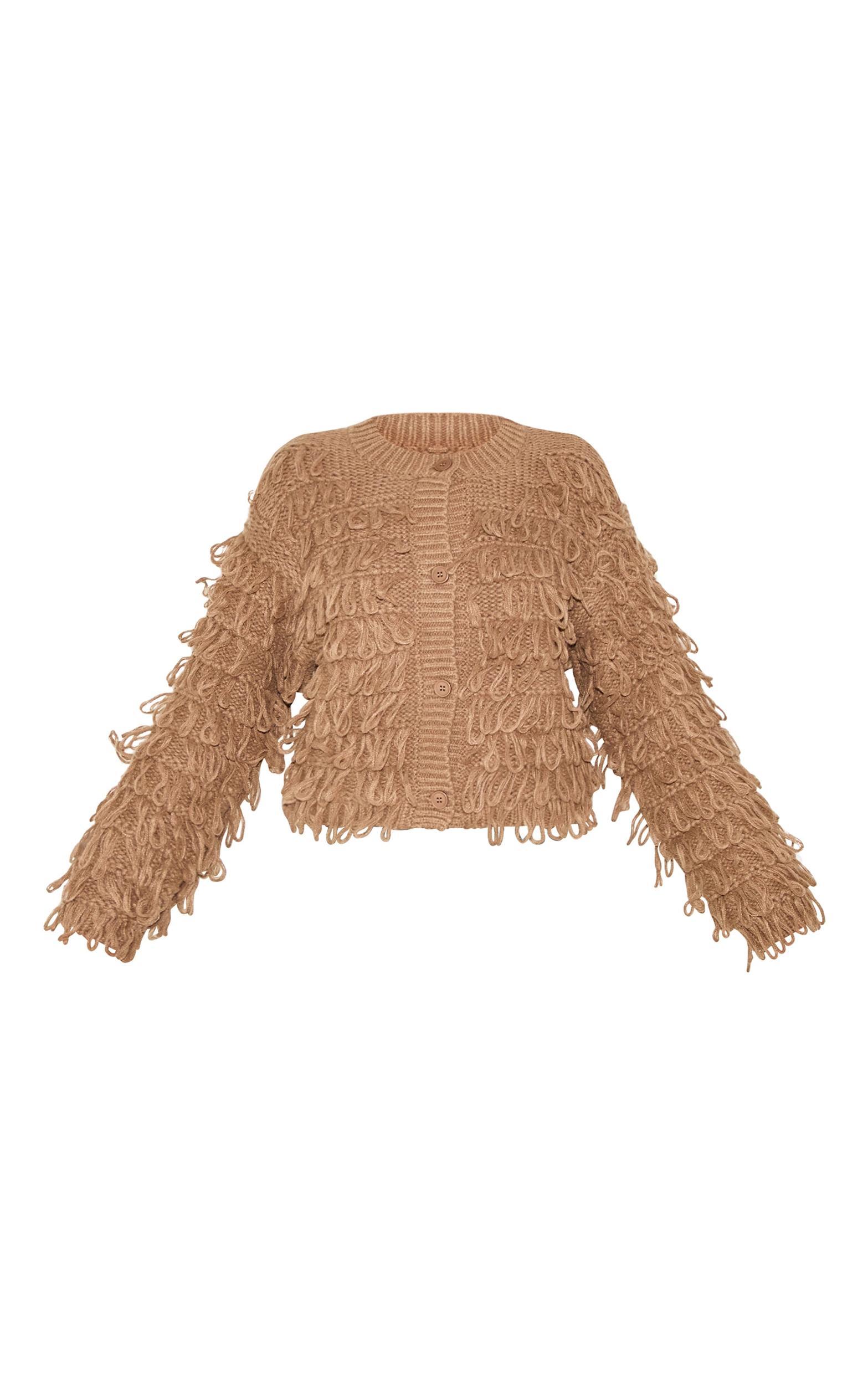 Taupe Loop Knit Crew Neck Button Up Cardigan Product Image