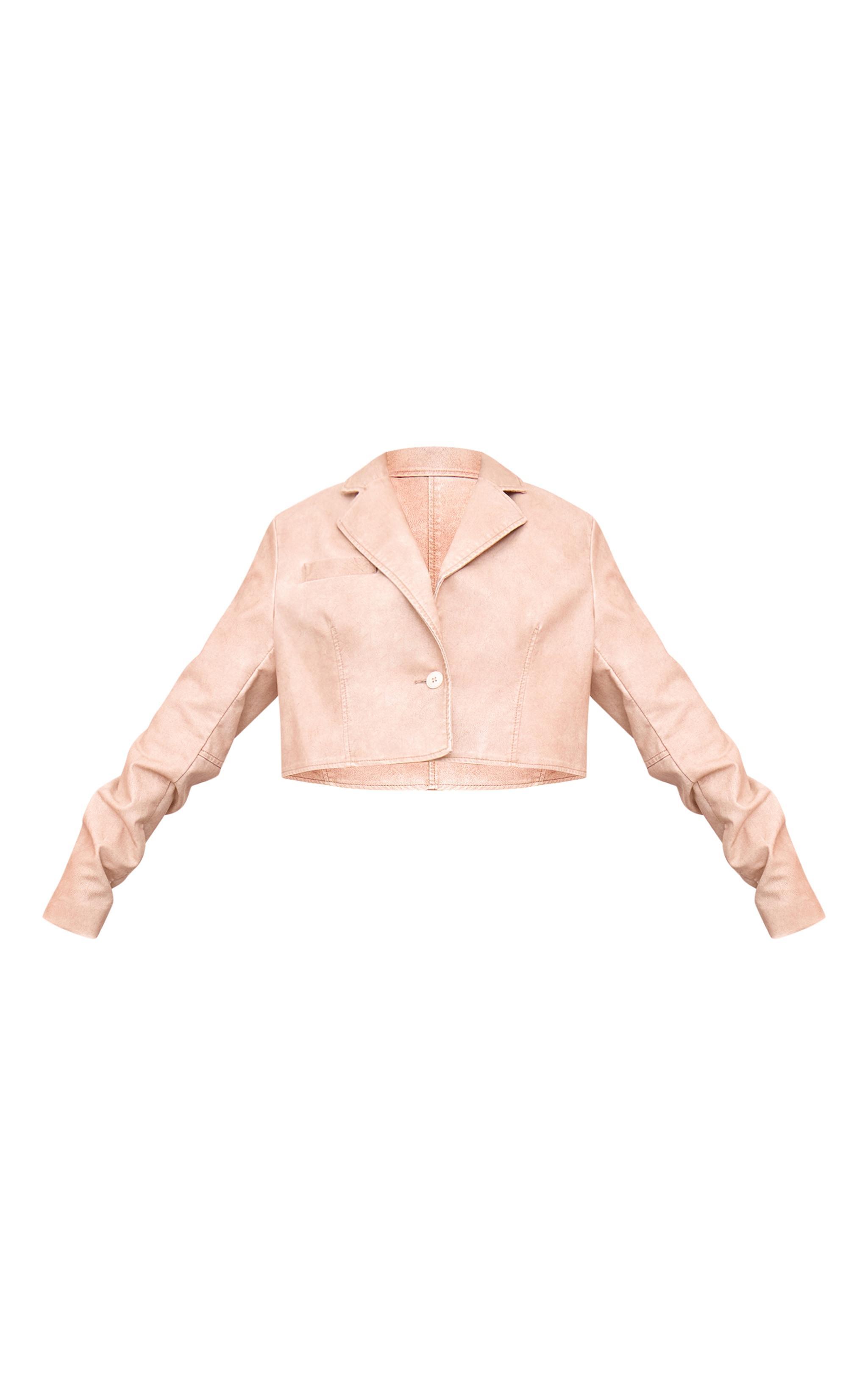 Cream Distressed Faux Leather Crop Jacket Product Image