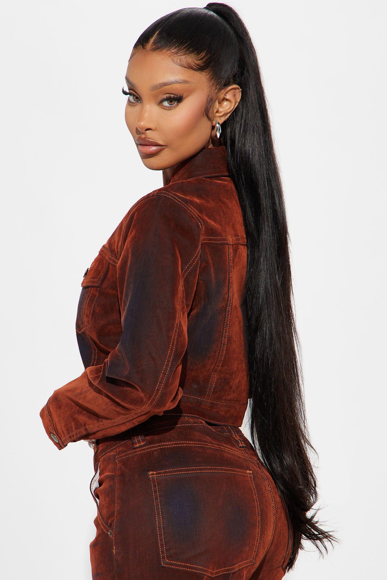 Karmic Stretch Velvet Denim Trucker Jacket - Rust Product Image