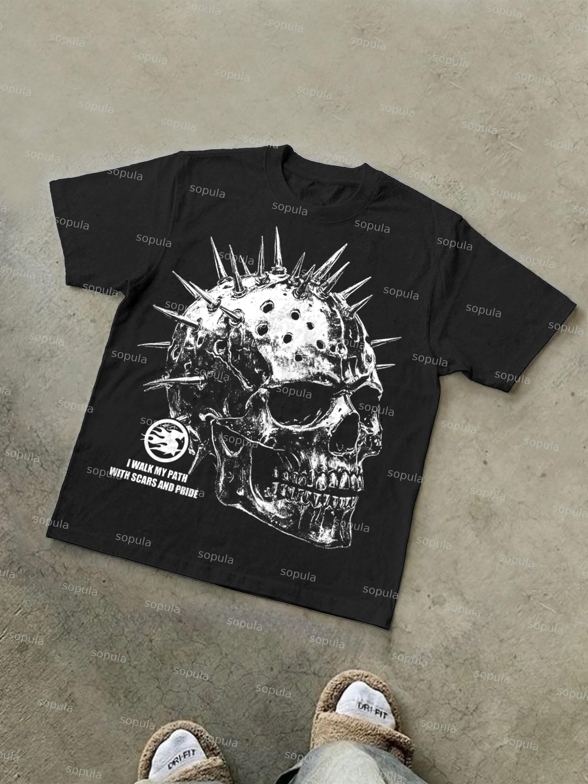 Metallic Spiked Skull Retro Graphic Cotton T-shirt Product Image