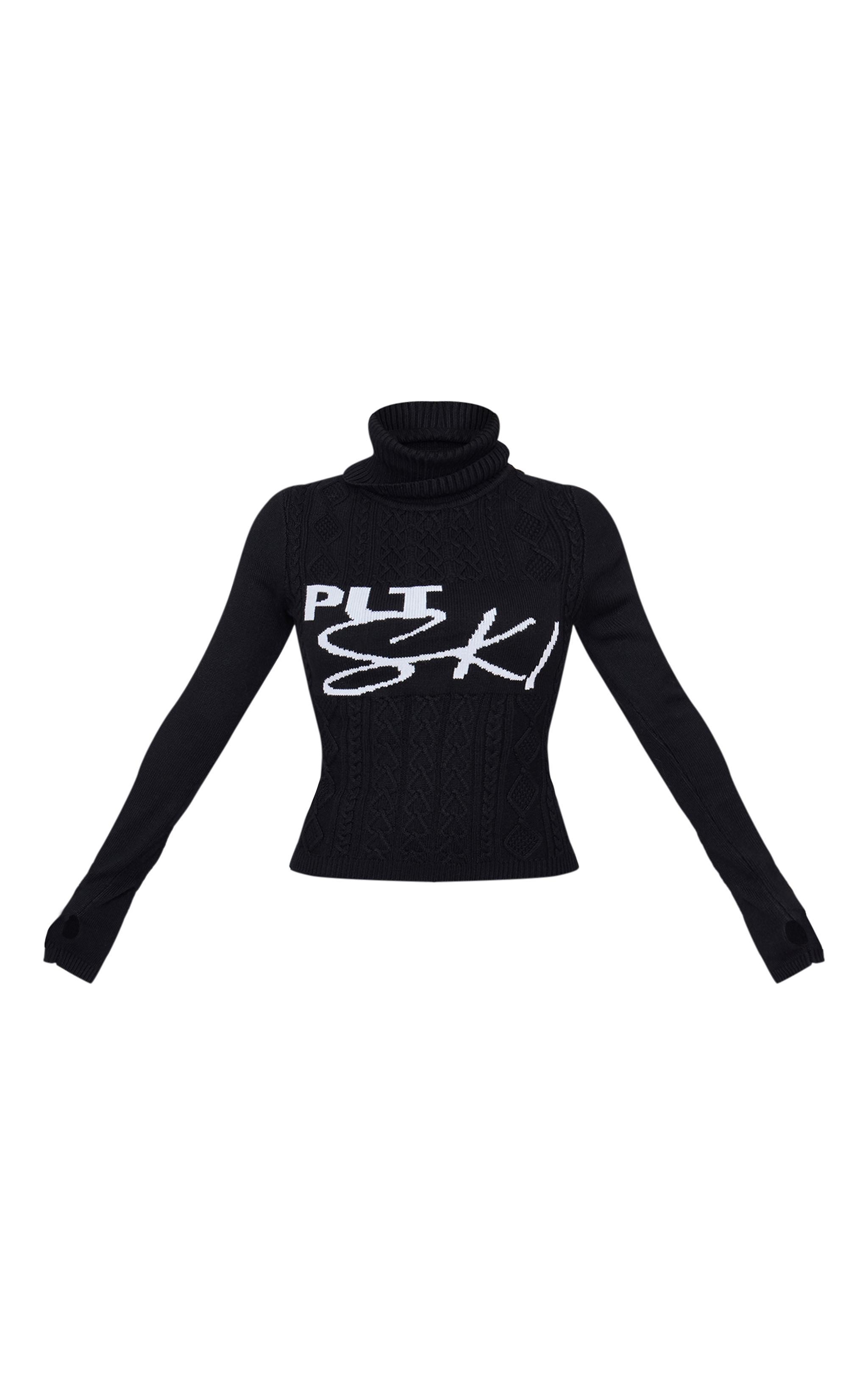 PRETTYLITTLETHING SKI Black Cable Knit Roll Neck Fitted Sweater Product Image