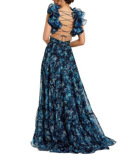 Mac Duggal Floral Chiffon V-Neck Sleeveless Ruffle Shoulder Side Cut-Out Gown Product Image