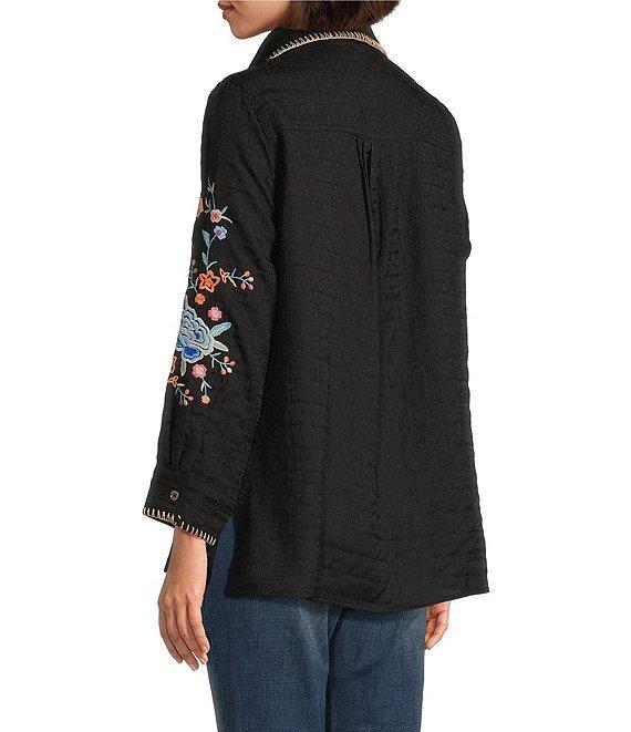 Calessa Petite Size Embroidered Textured Crinkle Point Collar Long Sleeve Button-Front Shirt Product Image