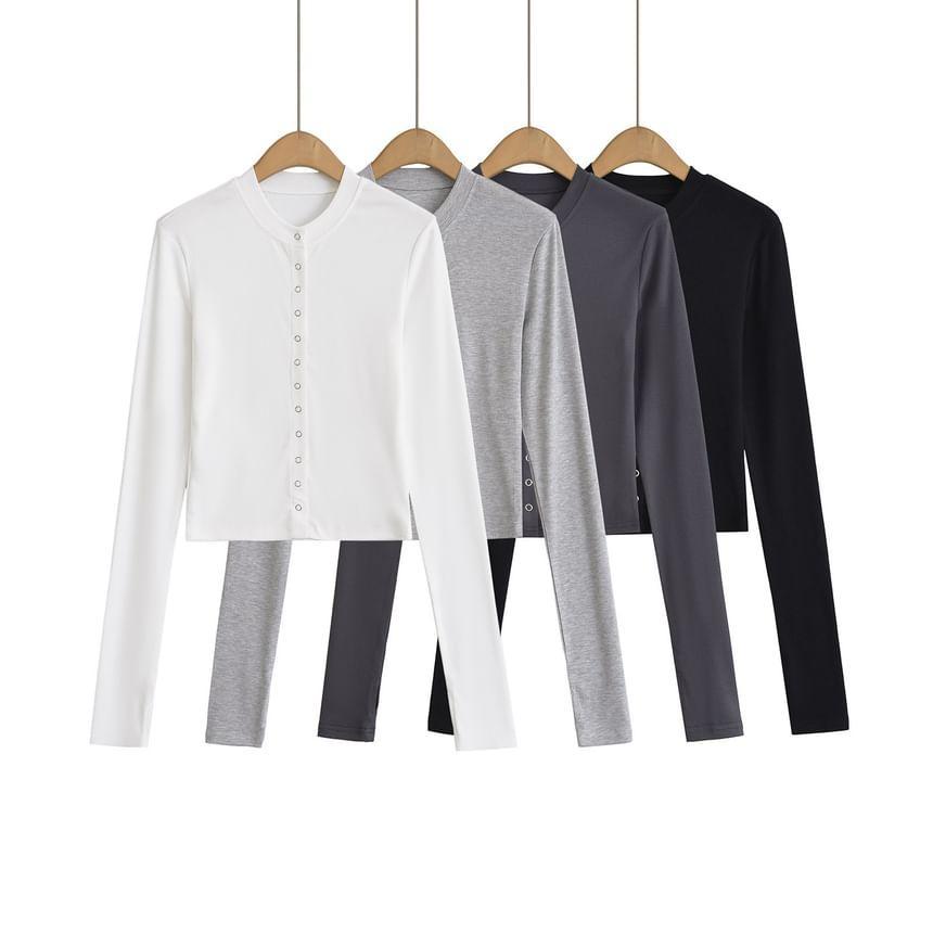 Mock Neck Plain Button-Up Crop Cardigan Product Image