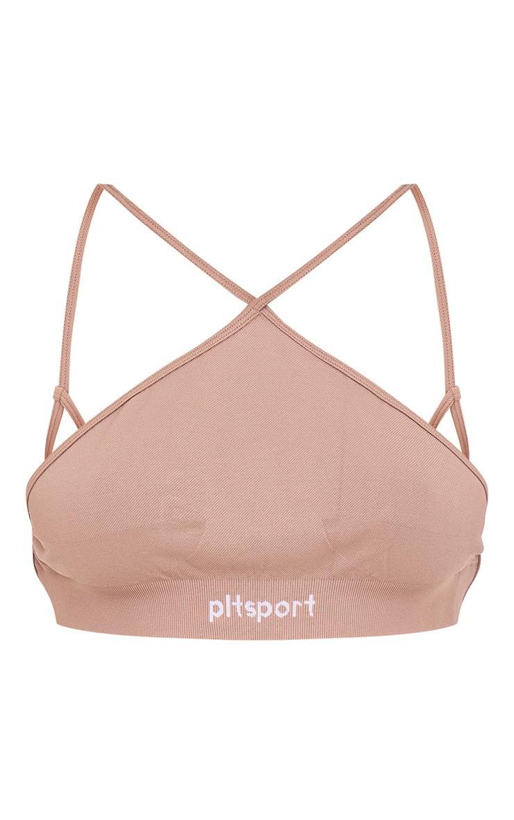 PLT SPORT Light Mocha Seamless Halterneck Open Back Sports Bra Product Image