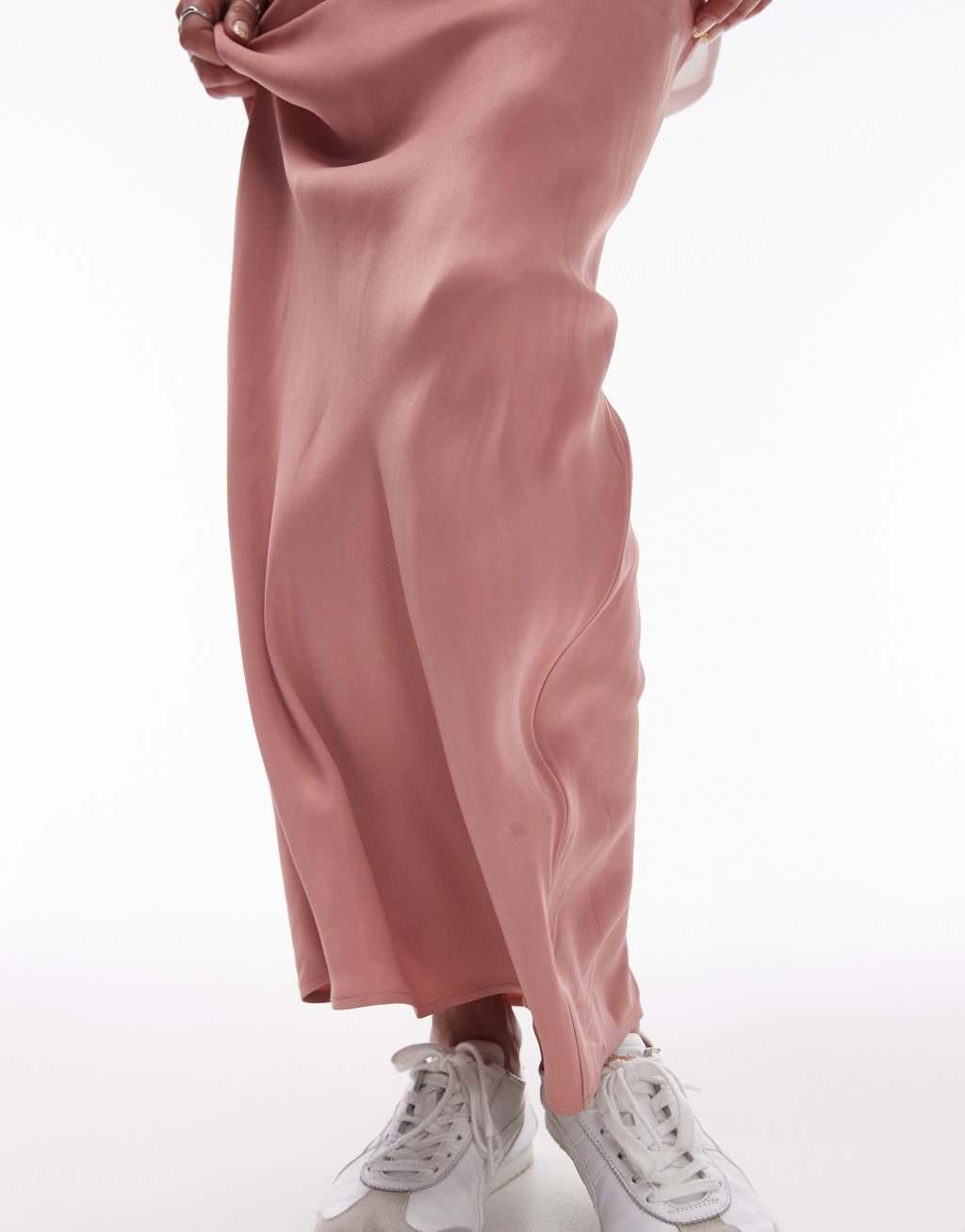 Topshop satin maxi bias skirt with elastic trim in pink Product Image