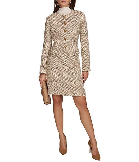 Donna Karan Tweed Collarless Crew Neck Button-Front Cropped Jacket Product Image
