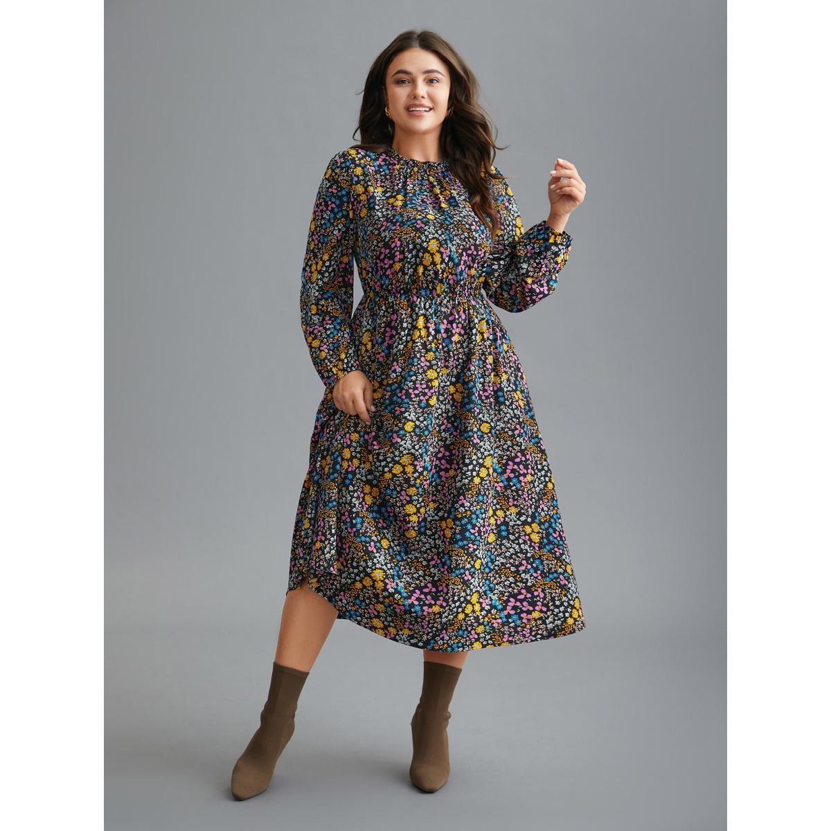 Plus Size Floral Ruffles Mock Neck Elastic Waist Midi Dress BlackFlower Women Elegant Frill Trim Mock Neck Long Sleeve Curvy BloomChic 12/L Product Image