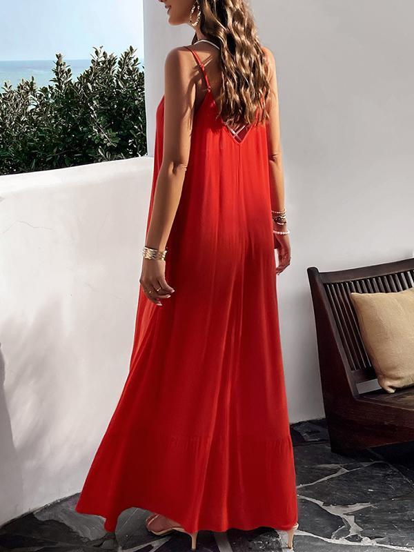 Loose Sleeveless Pleated Solid Color Split-Joint Spaghetti-Neck Maxi Dresses Product Image