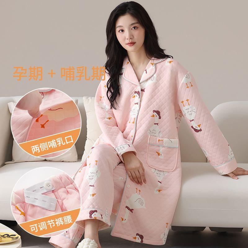 Maternity Pajama Set: Lapel Collar Duck Print Button-Up Robe + Pants Product Image