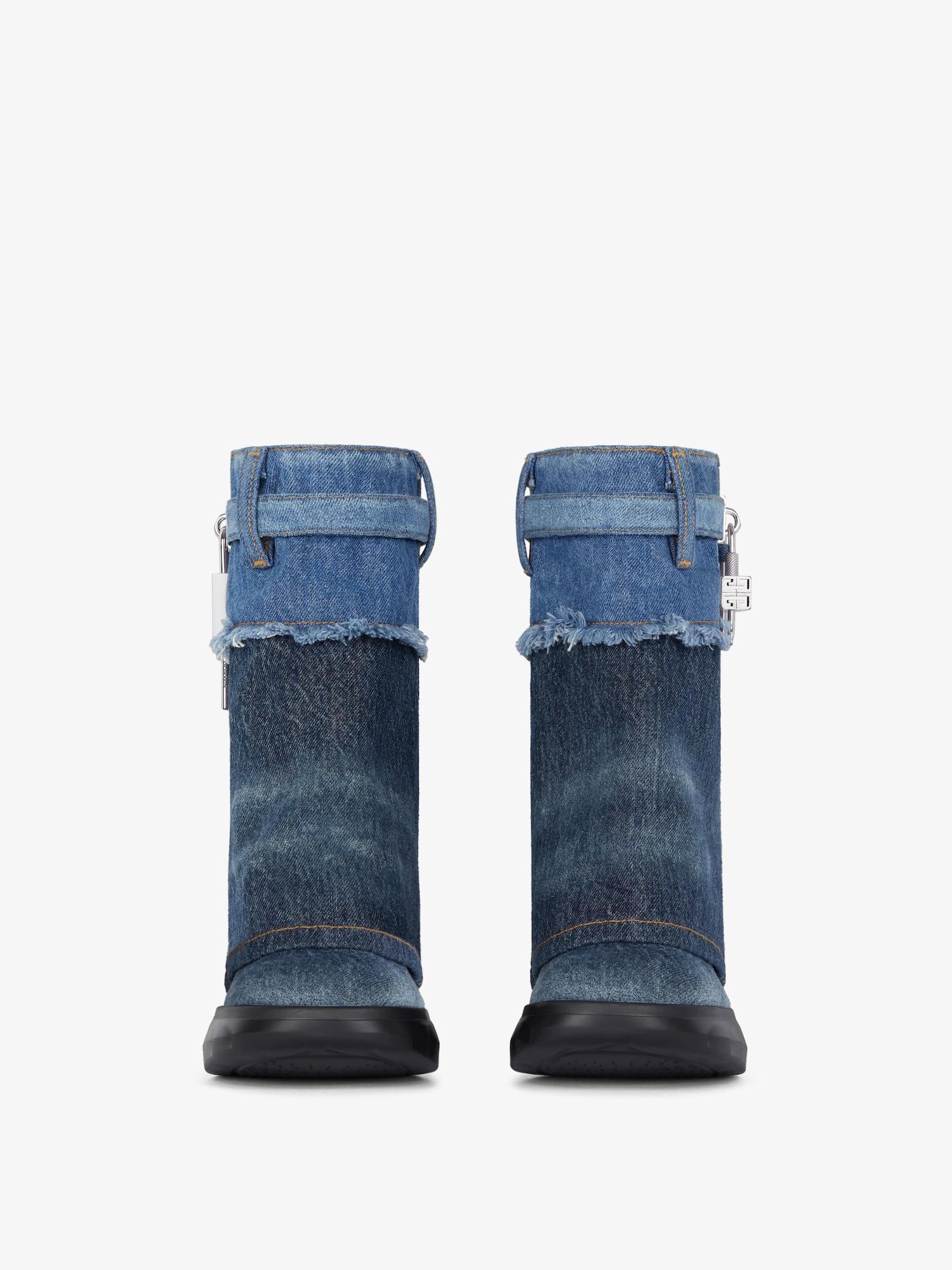 Shark Lock Biker ankle boots in bicolor washed denim Product Image