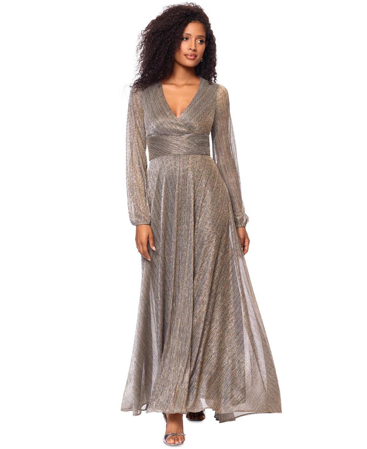 Betsy & Adam Womens Metallic V-Neck Long-Sleeve Gown Product Image