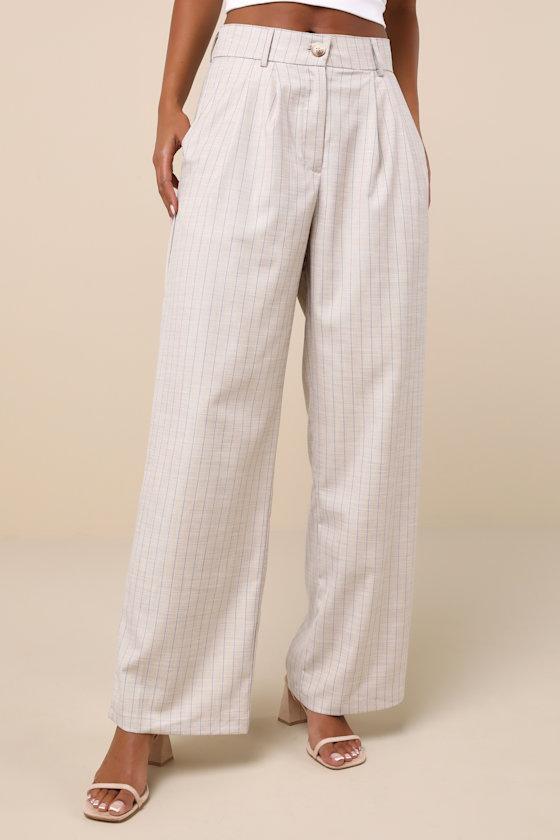 Breezy Catch Beige and Blue Pinstriped High-Rise Wide-Leg Pants Product Image