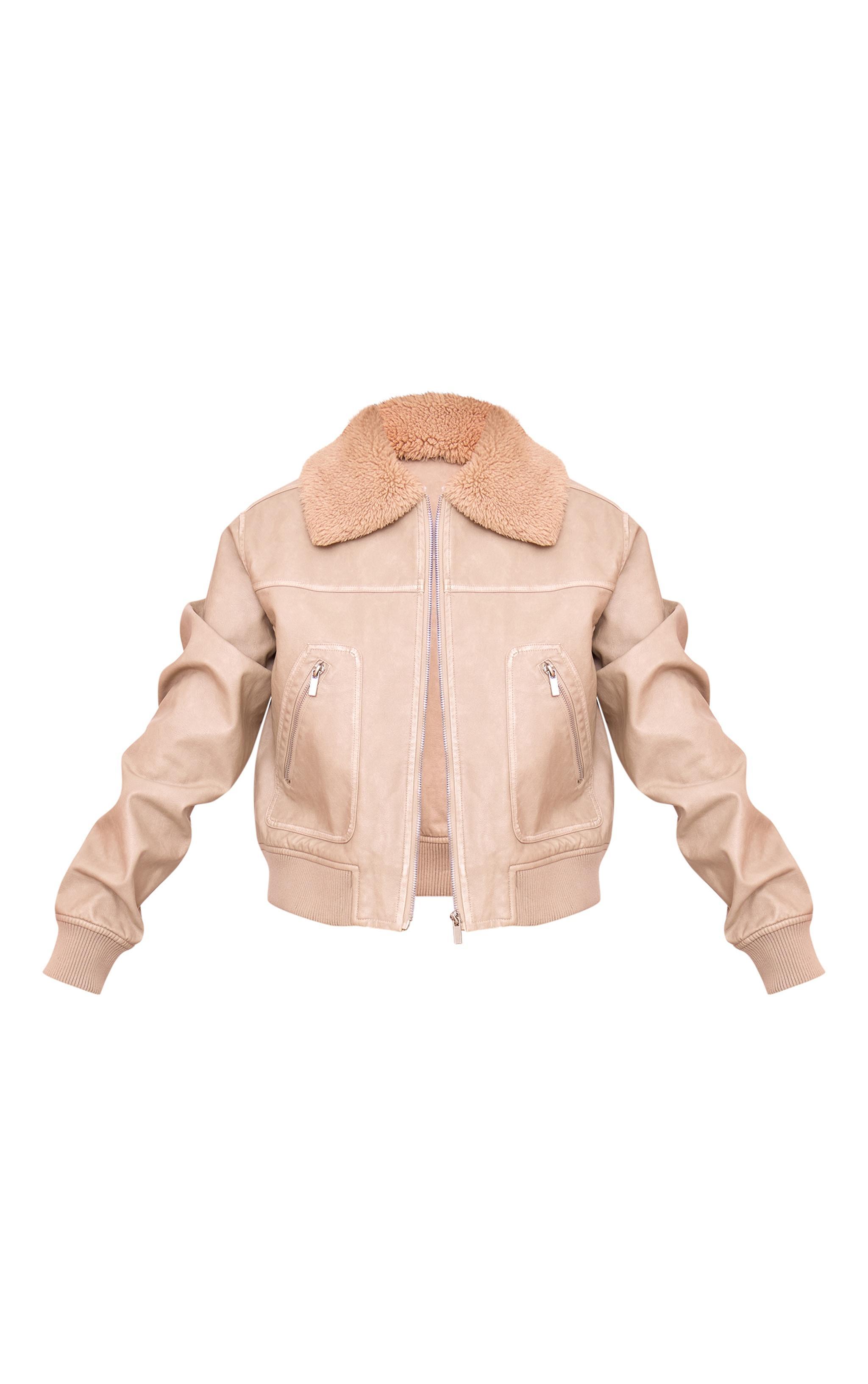 Stone Soft Pu Contrast Collar Cropped Jacket Product Image