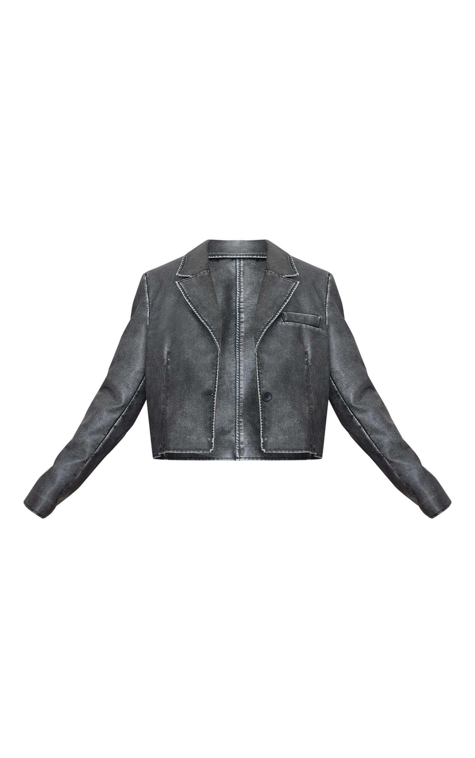 Plus Black Washed Faux Leather Cropped Blazer Jacket Product Image