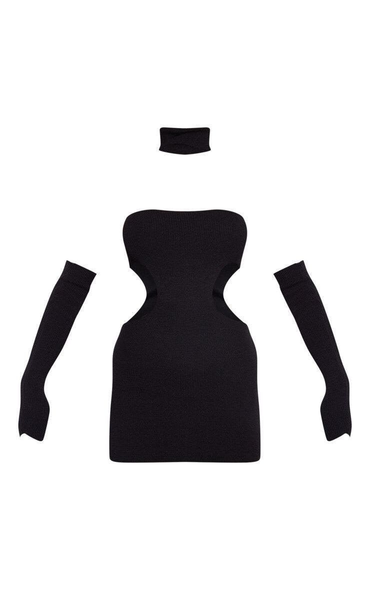 Black Bandeau Cut Out Knit Dress With Sleeves & Collar Product Image