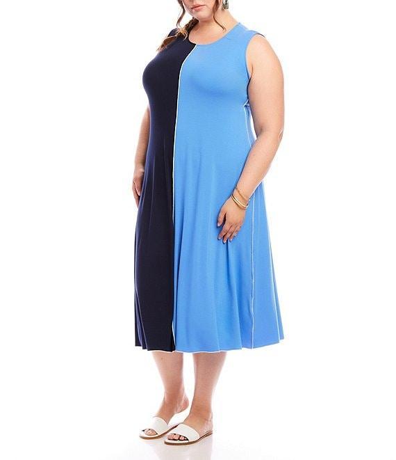 Karen Kane Plus Size Colorblock Crew Neck Sleeveless A-Line Midi Dress Product Image
