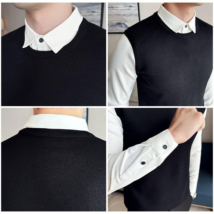 Long Sleeve Collared Striped Mock Two Piece Panel Knit Shirt Product Image