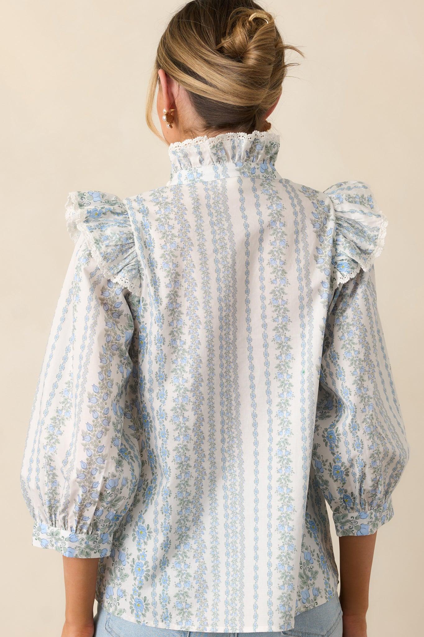 Hummingbird’s Haven Cotton Blue Flutter Sleeve Blouse Product Image