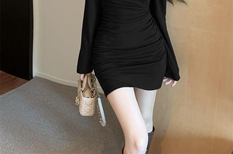 Long-Sleeve V-Neck Plain Mini Bodycon Dress Product Image