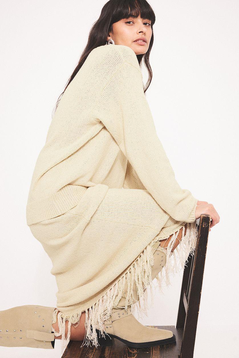 Knitted Fringe Detail Midi Skirt Beige Product Image