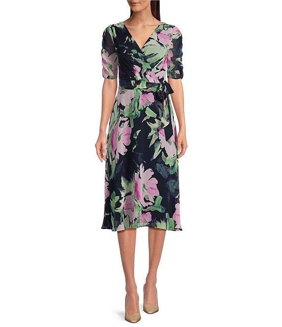 DKNY by Donna Karan Floral Surplice V-Neck Short Sleeve Faux Wrap Midi Dress Product Image