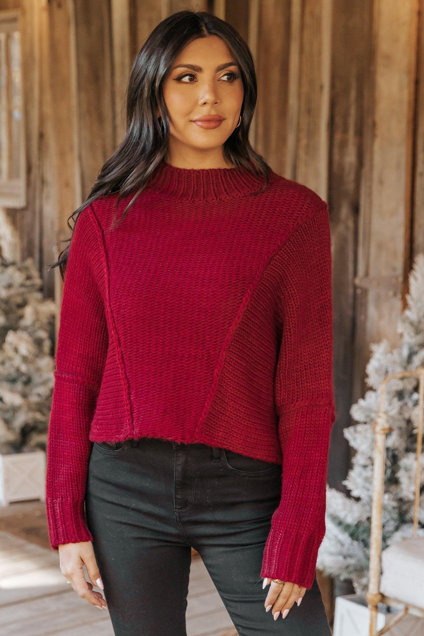 Seam Detail Mock Neck Sweater - Wine - FINAL SALE Product Image