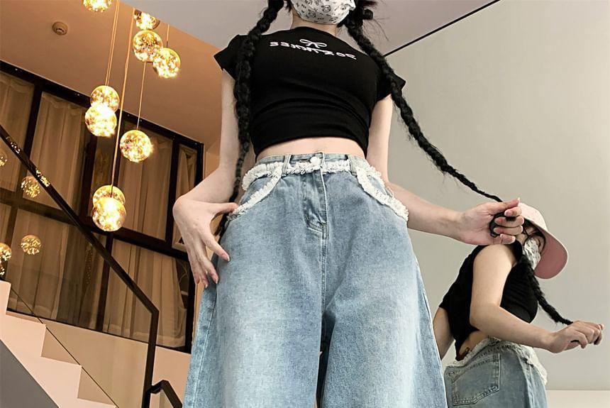 High Waist Washed Lace Trim Wide Leg Jeans Product Image