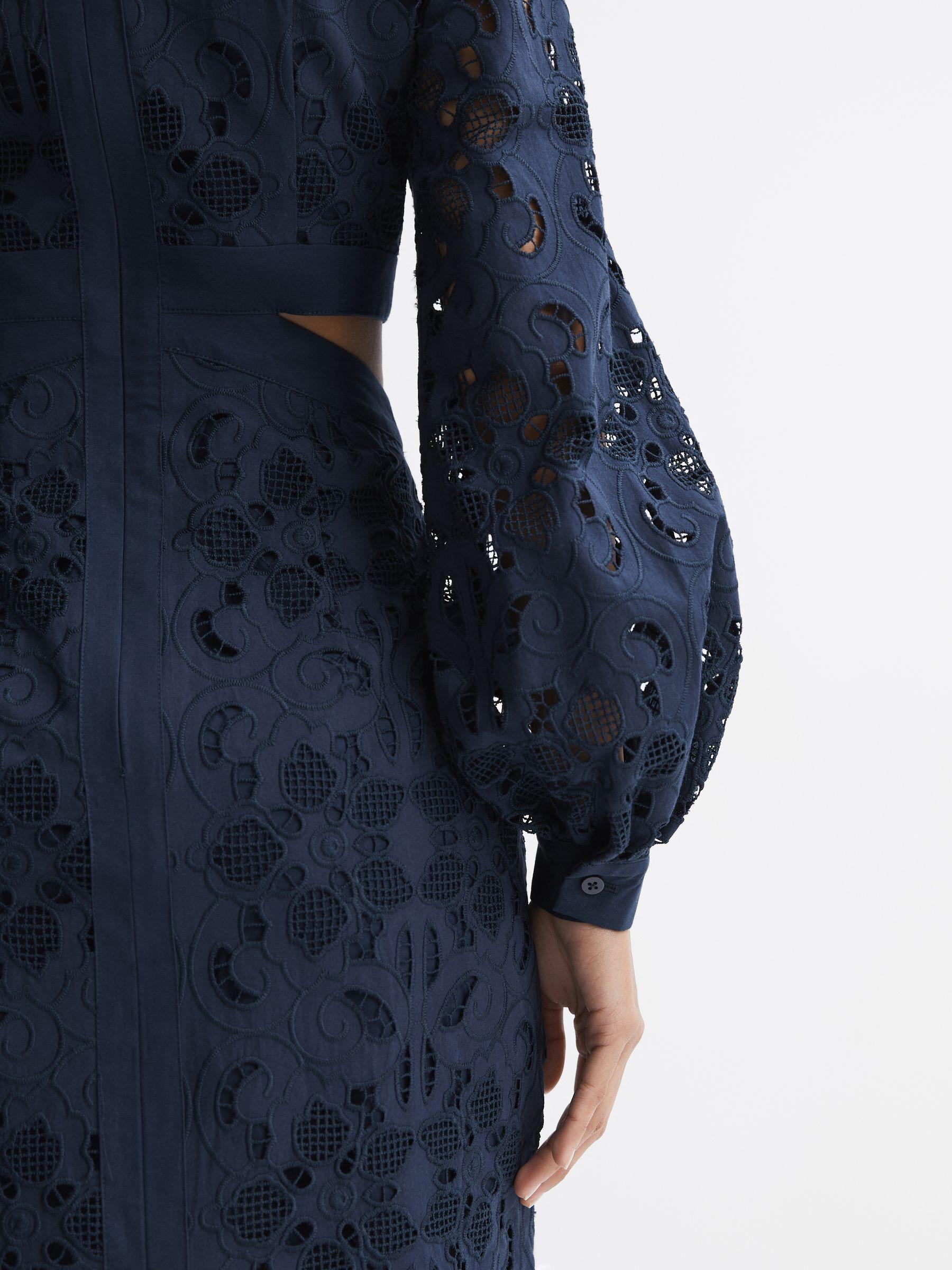 Lace Cut-Out Midi Dress in Navy Product Image