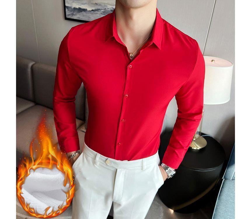 Long-Sleeve Plain Fleece-Lined Slim-Fit Shirt Product Image