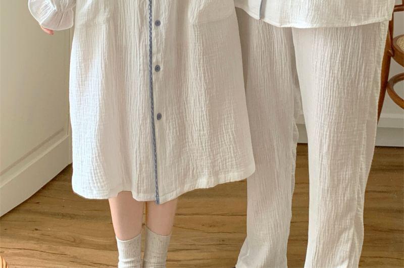 Couple Matching Long Sleeve Contrast Trim Button Pajama Top / Straight Leg Pants / Pajama Dress / Set (Various Designs) Product Image