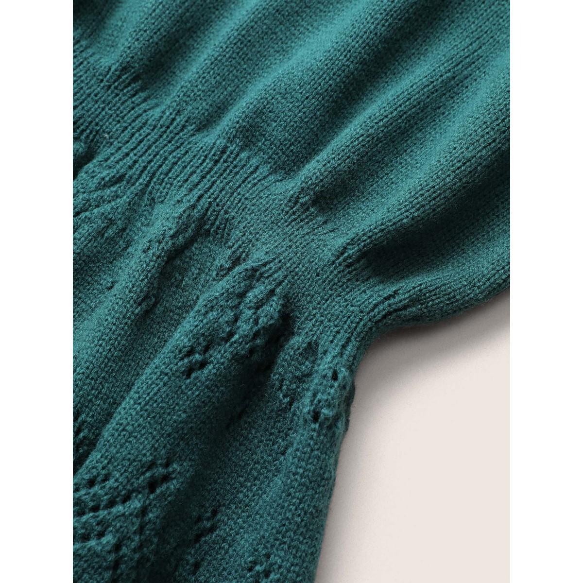 Plus Size Solid Hollow Out Elastic Waist Knit Pullover Teal Women Casual Long Sleeve Round Neck Everyday Pullovers BloomChic 22-24/3X Product Image