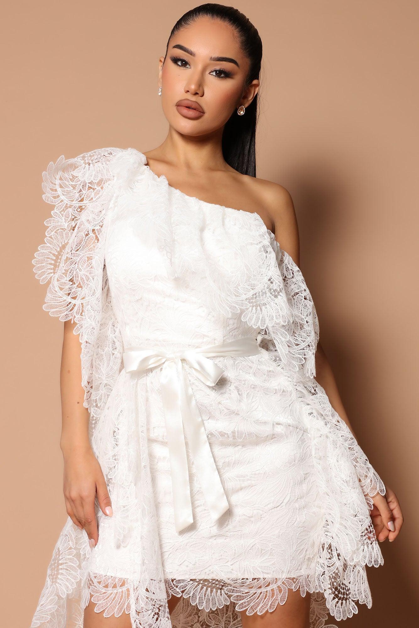 Amelia One Shoulder Lace Mini Dress - White Product Image