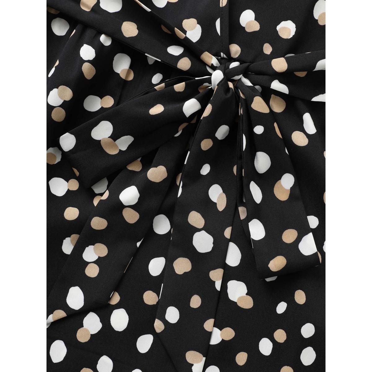 Plus Size Allover Print Wrap Flutter Sleeve Midi Dress Black Women Elegant Belted Overlap Collar Short sleeve Curvy BloomChic 26/4X Product Image