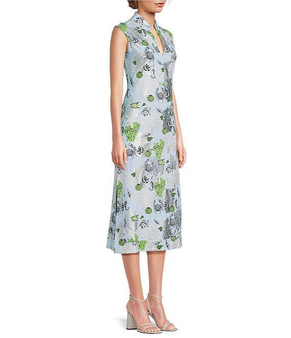 Jude Connally Kristen Coral Reef Print Jude Cloth Stretch Knit Wrinkle-Free Split V-Neck Sleeveless A-Line Midi Dress Product Image